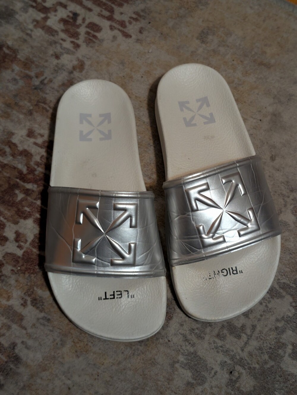 Off-White Women's White Silver Logo Pool Slide Sandal Shoes Size 37